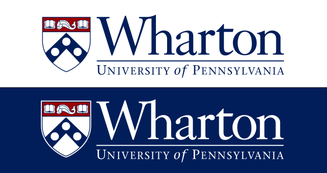 Logos for The Wharton School of the University of Pennsylvania, featuring the school''s crest and name.