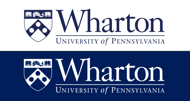 The image shows the Wharton School logo, featuring the text "Wharton University of Pennsylvania" alongside a shield emblem.