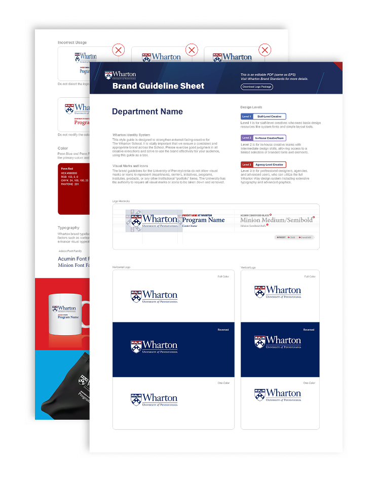 Implementation Wharton brand guideline sheets, displaying logo usage, color palette, and typography for maintaining visual consistency.
