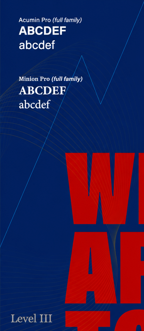 Level 3 Example Poster featuring two typefaces: Acumin Pro and Minion Pro, with examples of uppercase and lowercase letters. "WE ARE" is prominently displayed in bold red letters against a blue background.