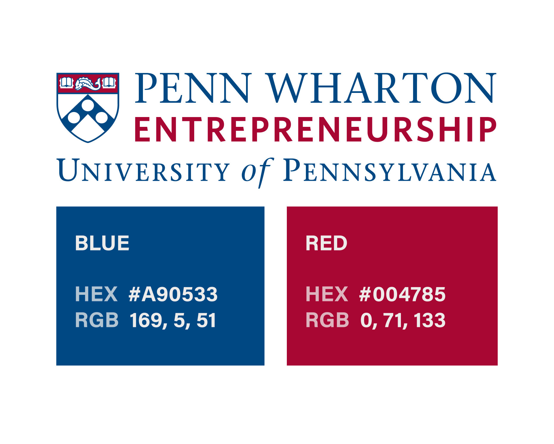 The-Problem_Color_2 Logo for Penn Wharton Entrepreneurship, University of Pennsylvania, showing their colors: a blue with HEX #A90533 and RGB 169, 5, 51, and a red with HEX #004785 and RGB 0, 71,