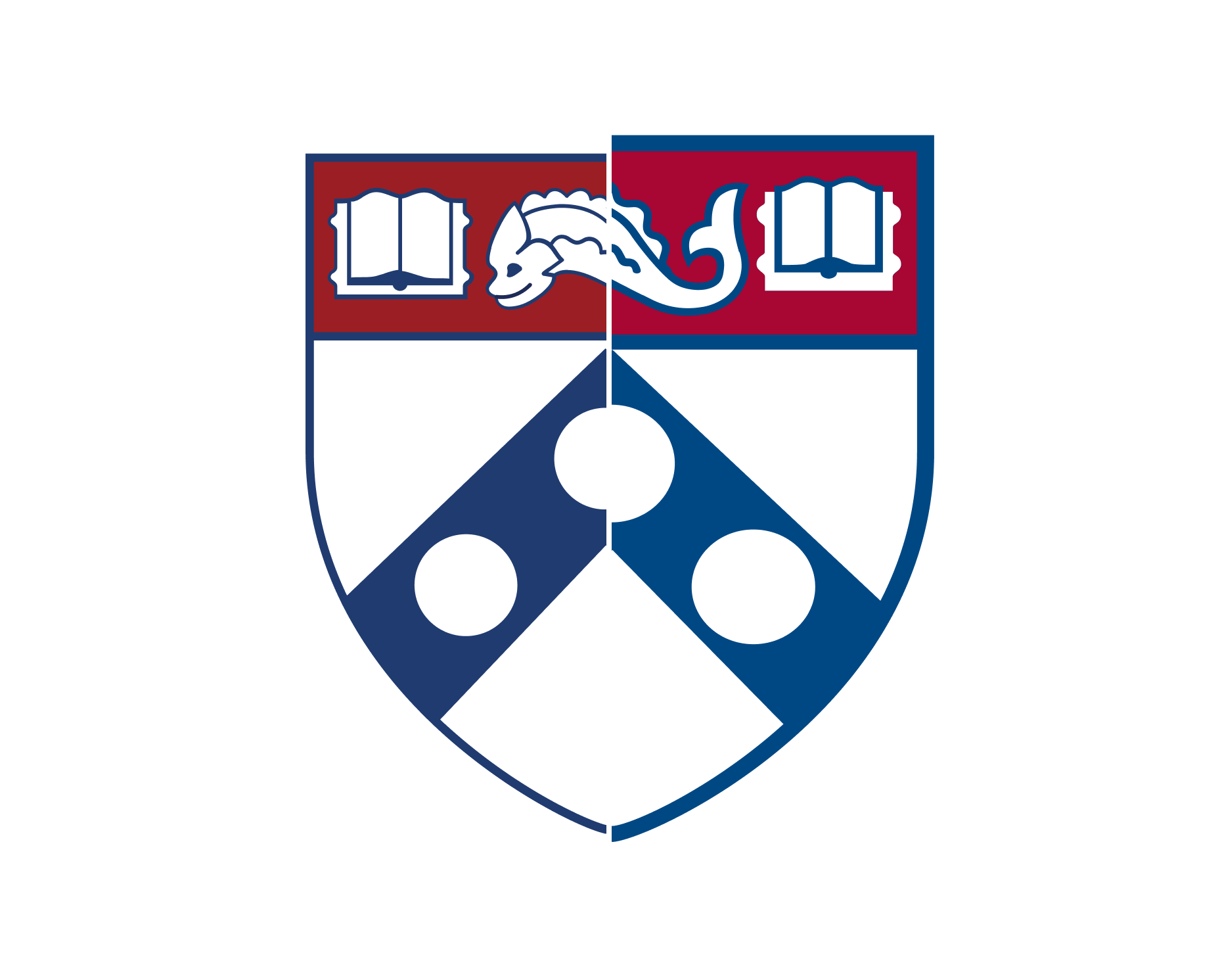 The-Problem_shield The image shows the emblem of the University of Pennsylvania. It features a shield with a dolphin, open books, and roundels.